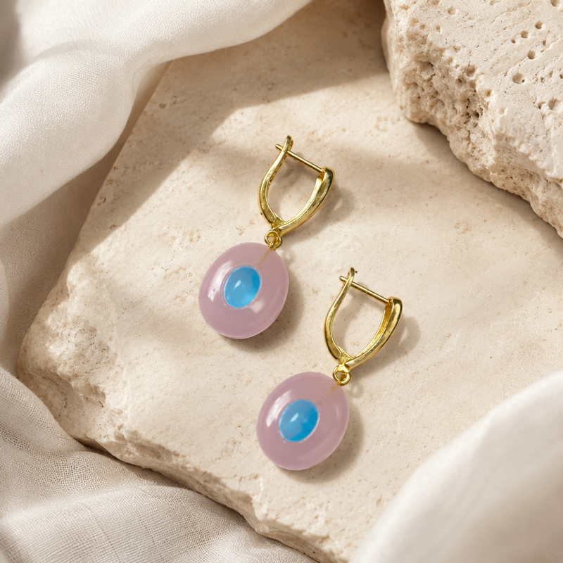 18KT Gold Plated V Hoop Earrings with Carved Natural Stone Oval Stone Pendant