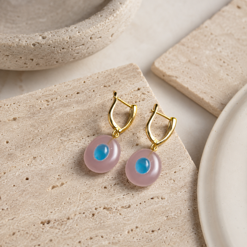 18KT Gold Plated V Hoop Earrings with Carved Natural Stone Oval Stone Pendant