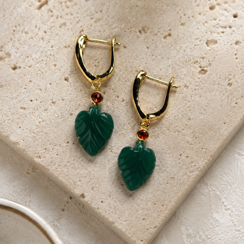 18KT Gold Plated V Hoop Earrings with Carved Natural Stone Leaf Pendant