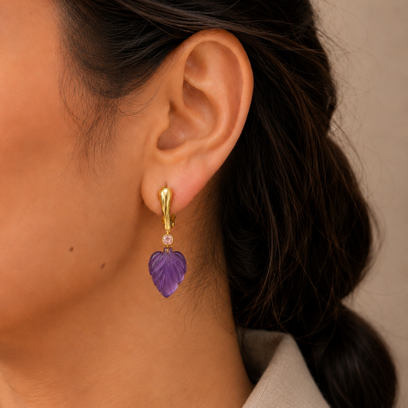 18KT Gold Plated V Hoop Earrings with Carved Natural Stone Leaf Pendant