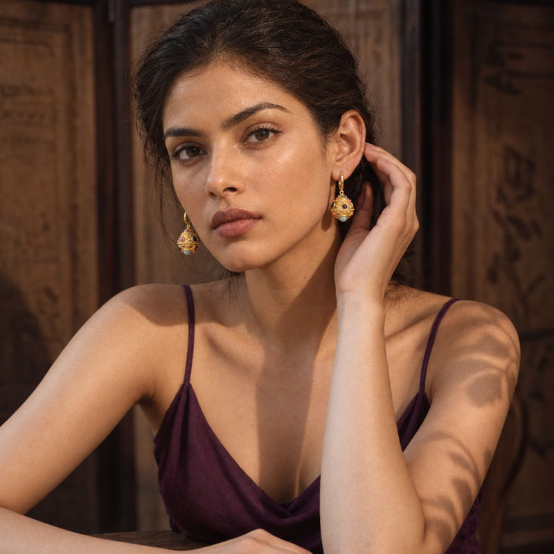 18kt Gold Plated Embellished Stone Hoop Earrings, Izna