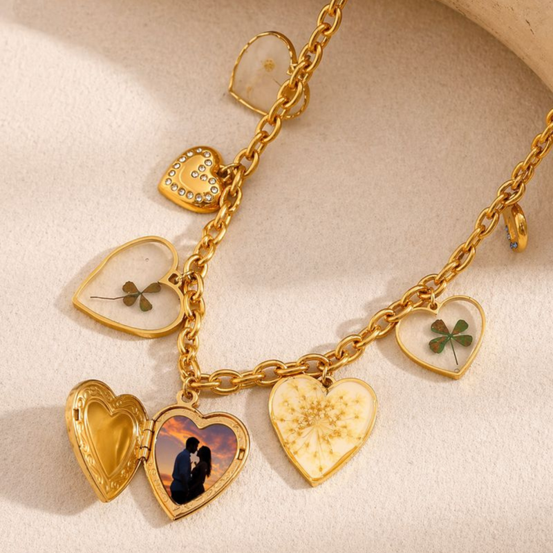 18K Gold plated Multi Charm Vintage Heart Necklace, Seraphina