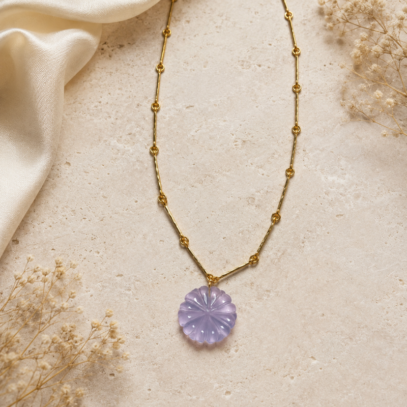 18KT Gold Plated Bar Link Chain Necklace with Bloom Pendant