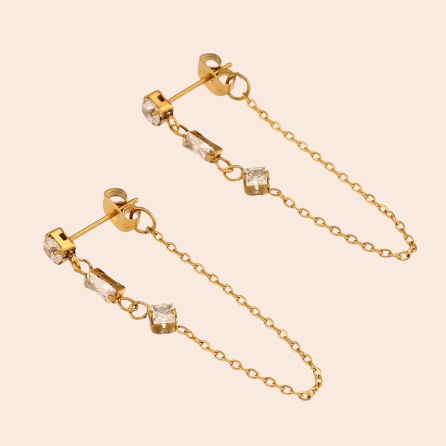 18kt Gold Plated Demi Fine Tripple White Zircon Piercing Chain Earrings, Lacey