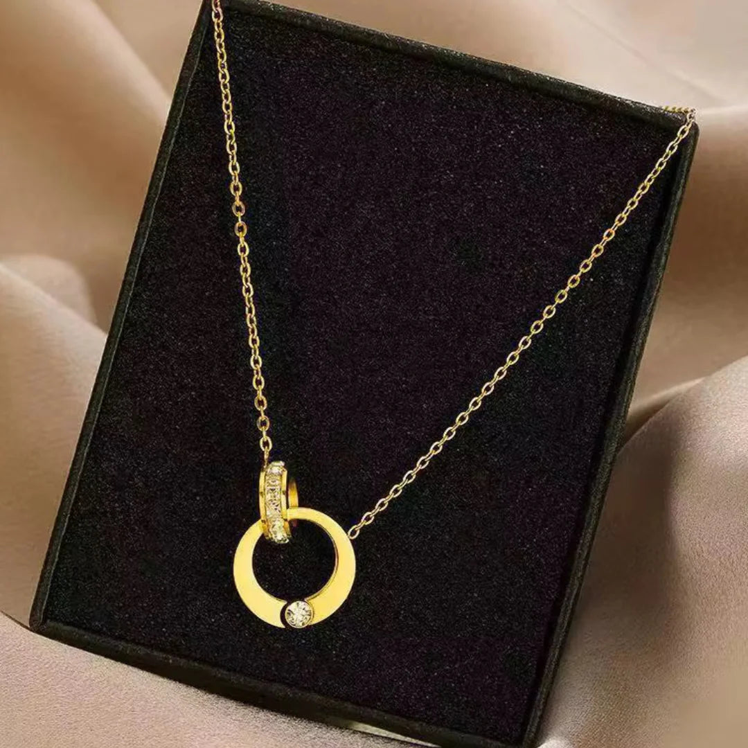 18kt Gold Plated Double Circle Lock Rhinestone Studded Necklace, Kira