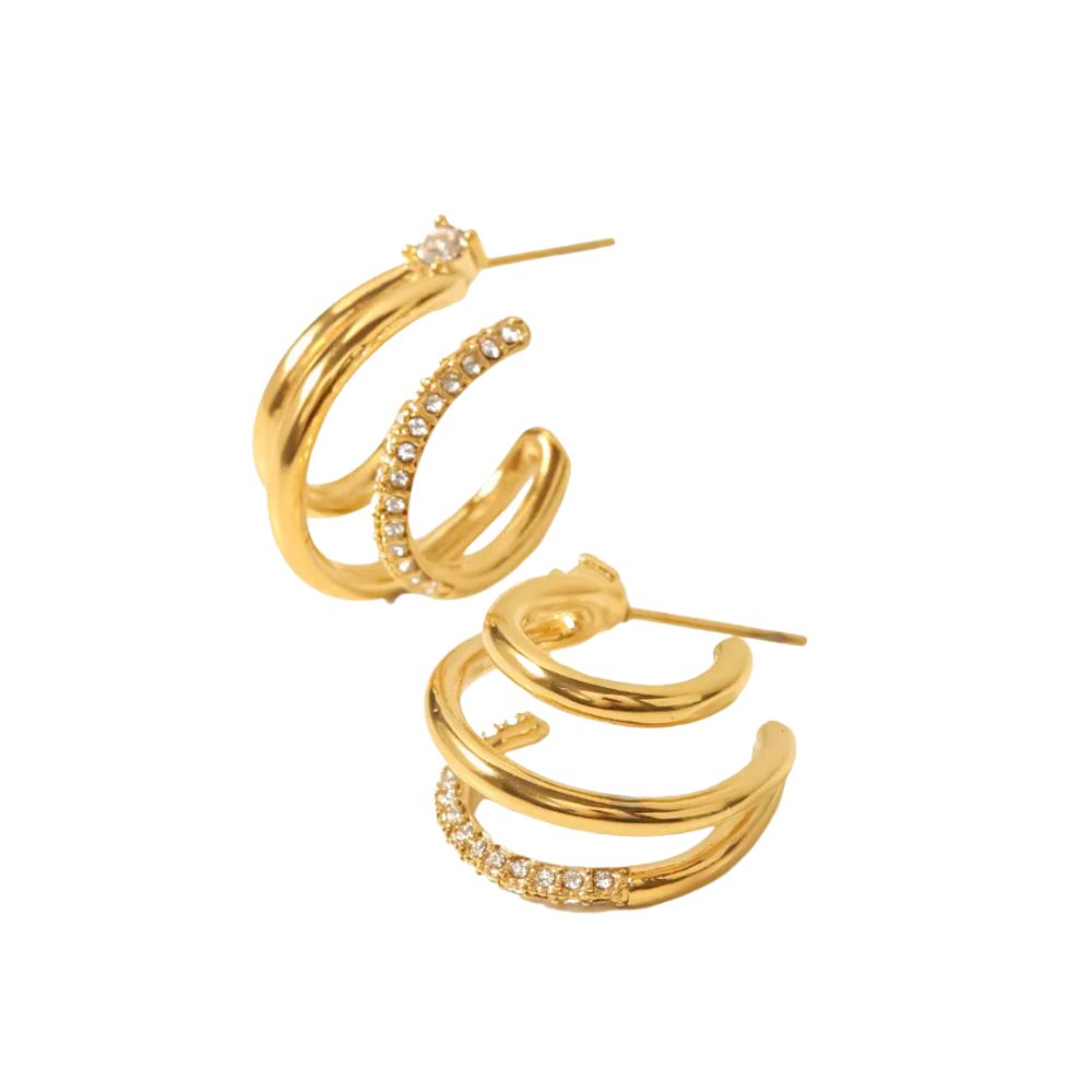 18Kt Gold Plated Triple Hoop Zircon Earrings, Natalie - Inaya Accessories
