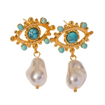 Load image into Gallery viewer, 18kt Gold Plated Pearl Evil Eye Drop Earrings, Yara - Inaya Accessories
