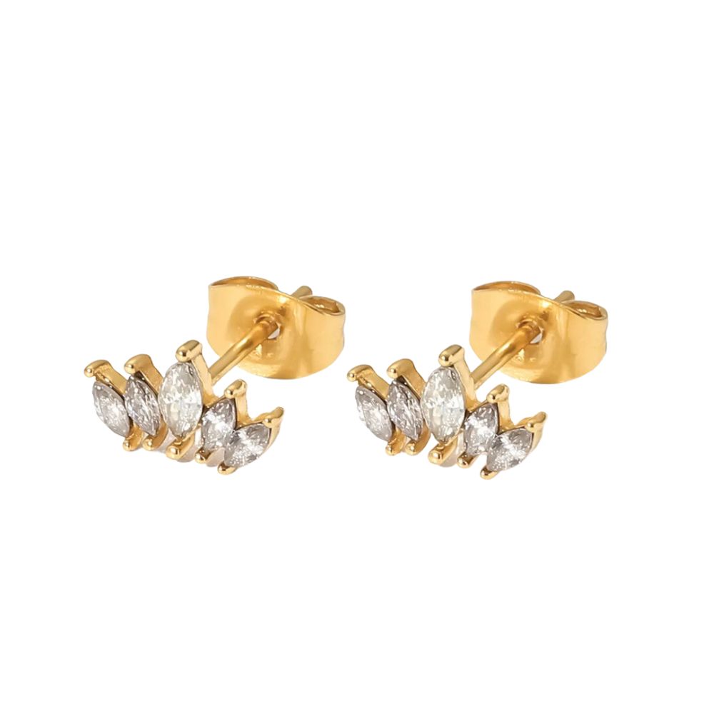 18Kt Gold Plated Dainty Piercing Inlaid Crown Zircon Stud Earrings, Lotus - Inaya Accessories