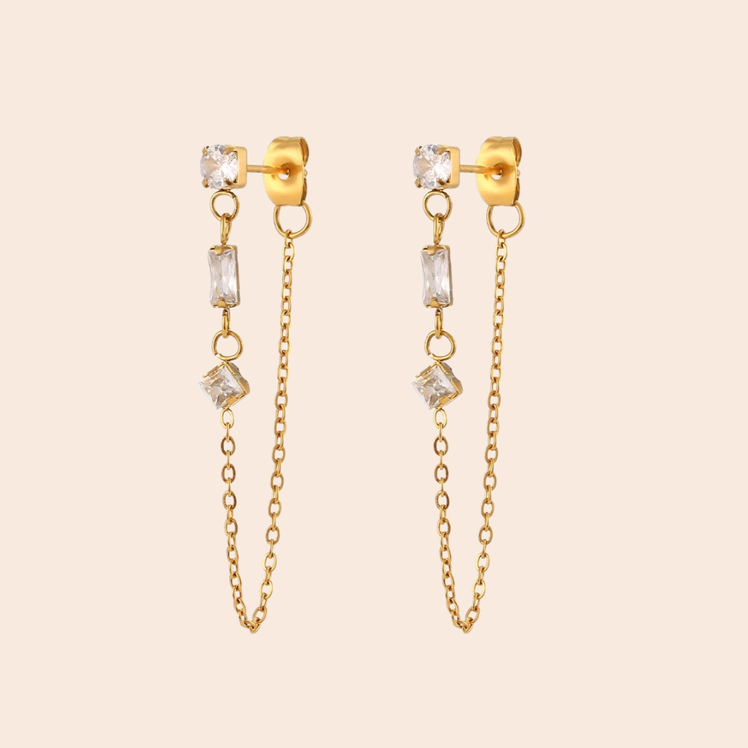 18kt Gold Plated Demi Fine Tripple White Zircon Piercing Chain Earrings, Lacey