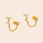 Load image into Gallery viewer, 18kt Gold Plated Demi Fine White Zircon Shining Half Moon Piercing Chain Earrings, Amber
