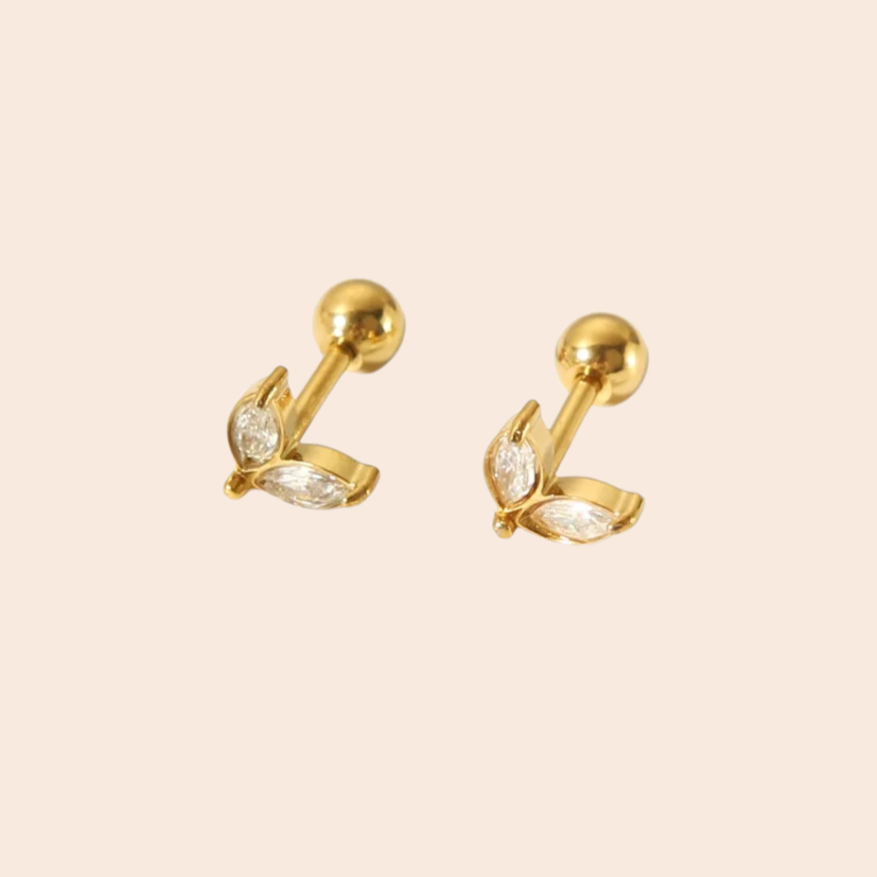 18kt Gold Plated Demi Fine White Zircon Two Leaf Piercing Stud Earrings, Era