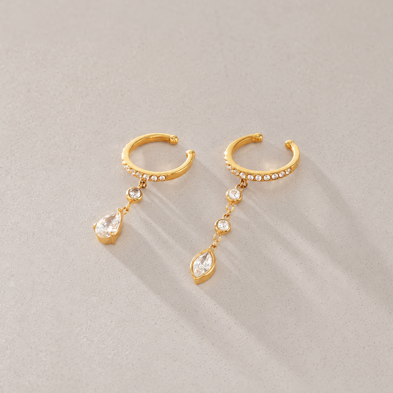 18kt Gold Plated Asymmetric Drop Ear Cuff Set, Nayra