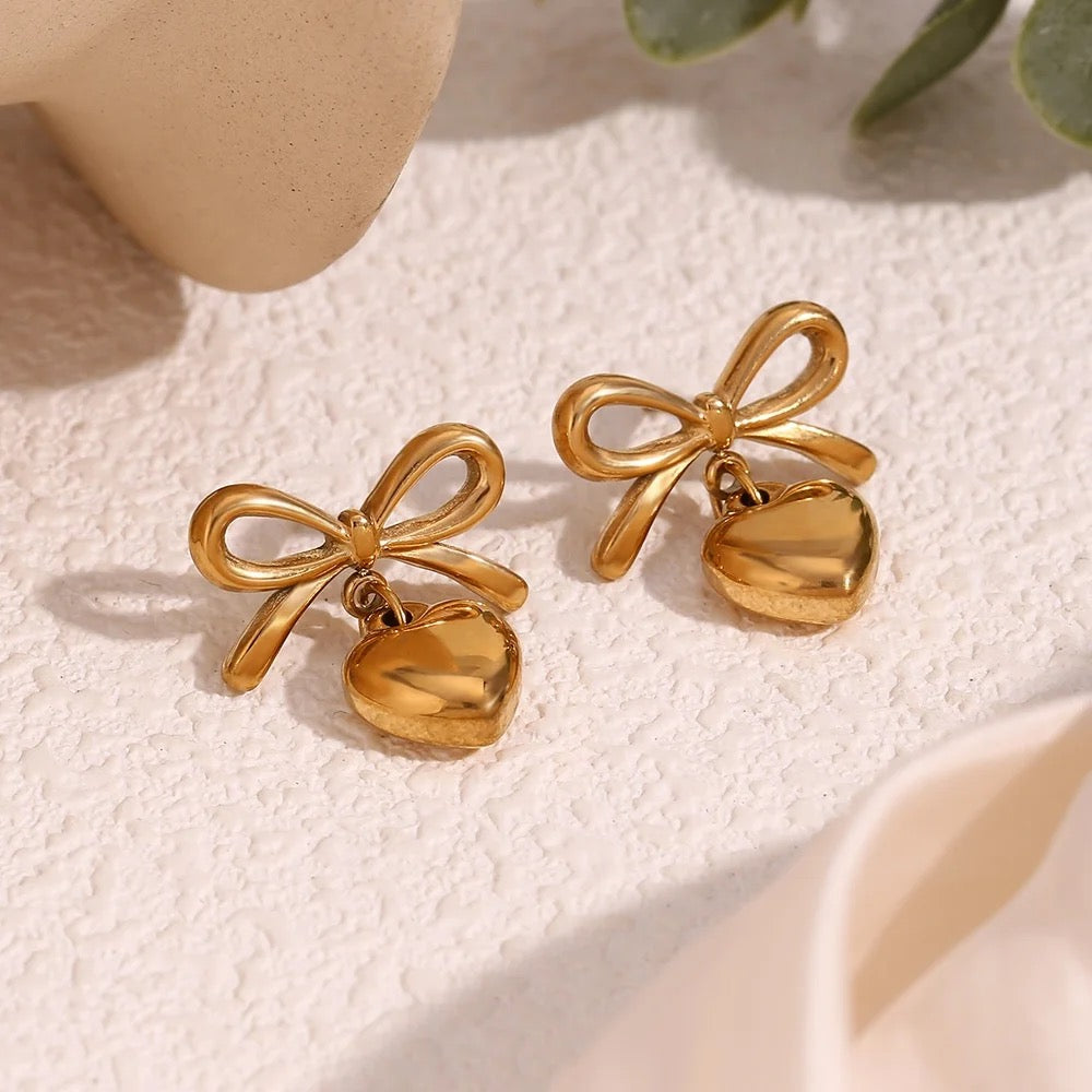 18Kt Gold Plated Monsoon Bow & Heart drop Earrings, Daisy