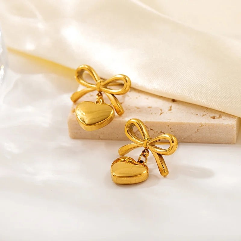 18Kt Gold Plated Monsoon Bow & Heart drop Earrings, Daisy