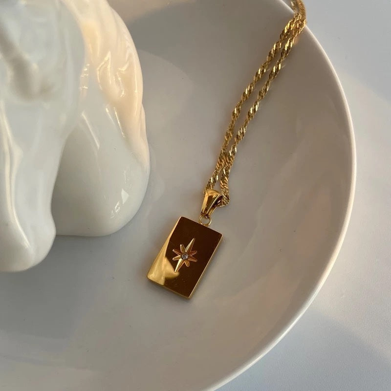 18KT Gold Plated Rectangle Zirconia Necklace, Maria - Inaya Accessories