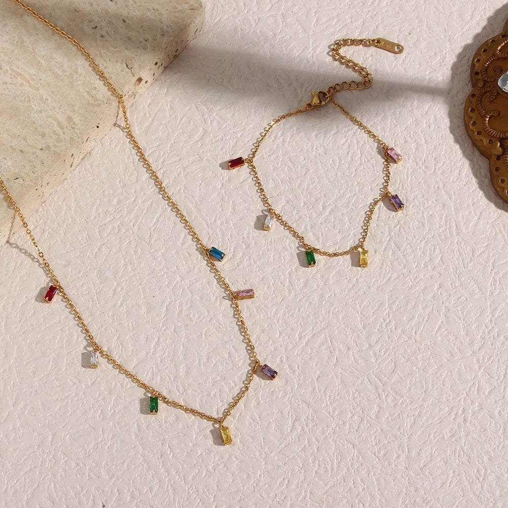 18KT Gold Plated Rainbow Rhinestone Necklace, Sara - Inaya Accessories