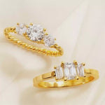 Load and play video in Gallery viewer, Inaya Modern Festive 18KT Gold Plated Tripple Round White Zircon Solitaire Finger Ring, Vanya
