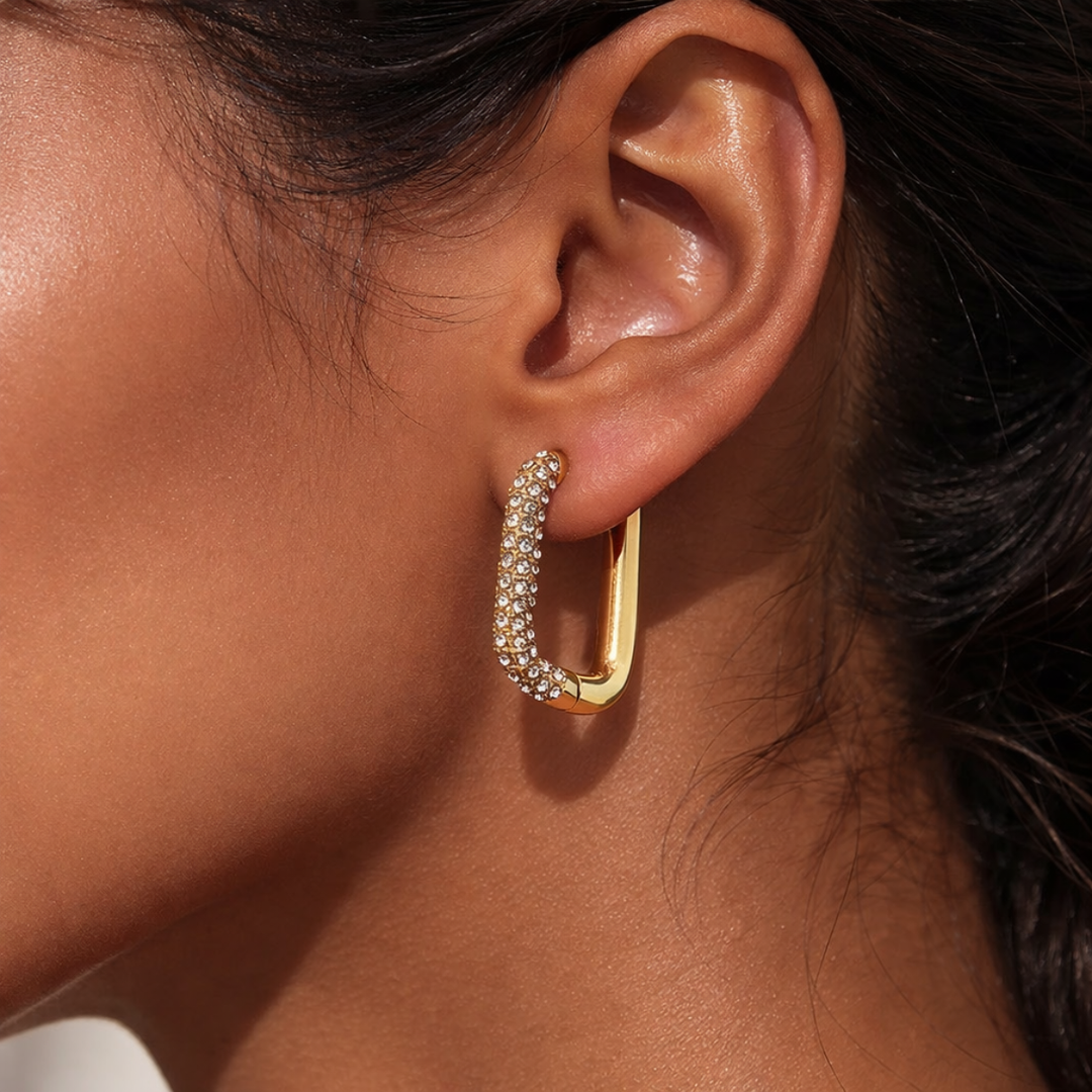 18 Kt Gold Plated Zircon Box Earrings, Maitri